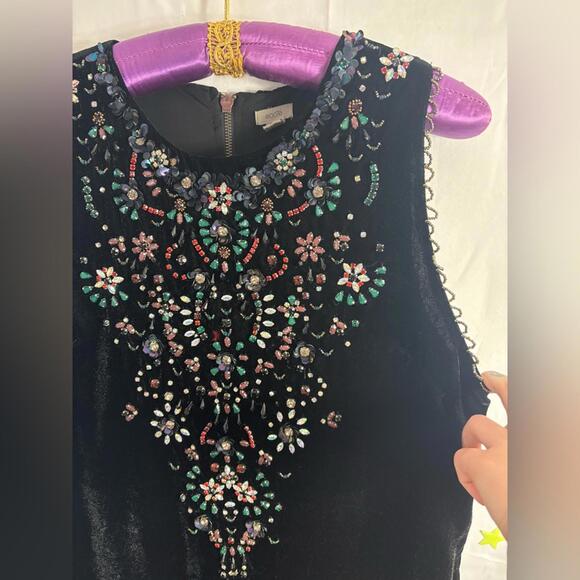 Retro Black Velvet Beaded Jeweled Sleeveless Cut Out Back Mini Shift Dress SizeL - Picture 11 of 15
